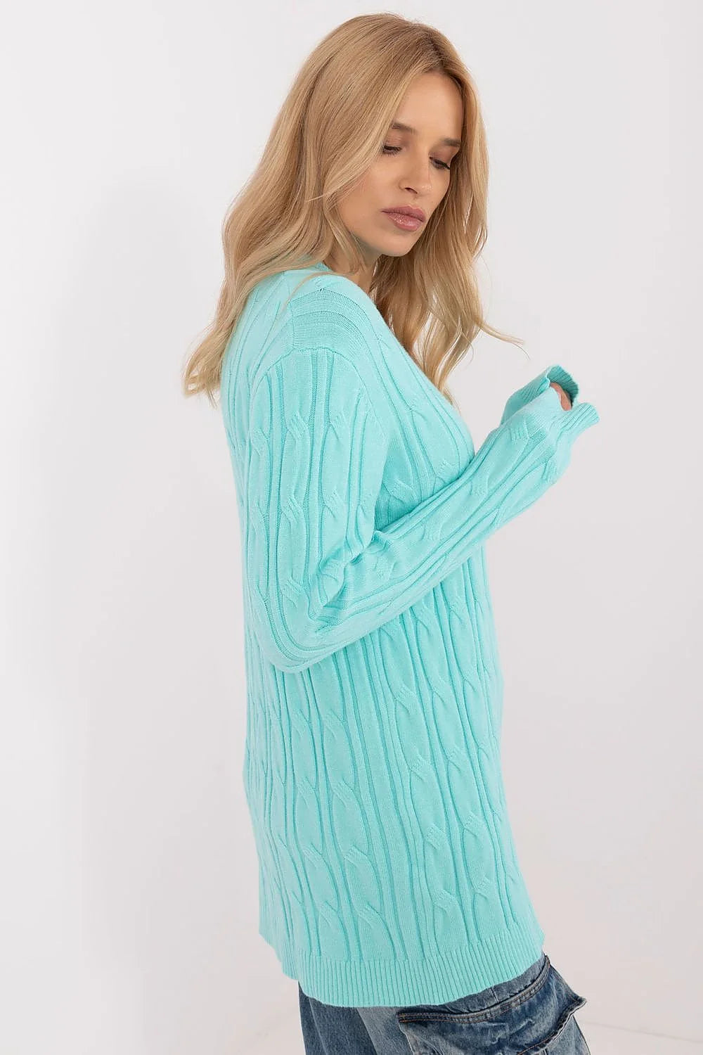 Pull décontracté pour femme en maille douce bleu clair torsades verticales col rond manches longues longueur étendue