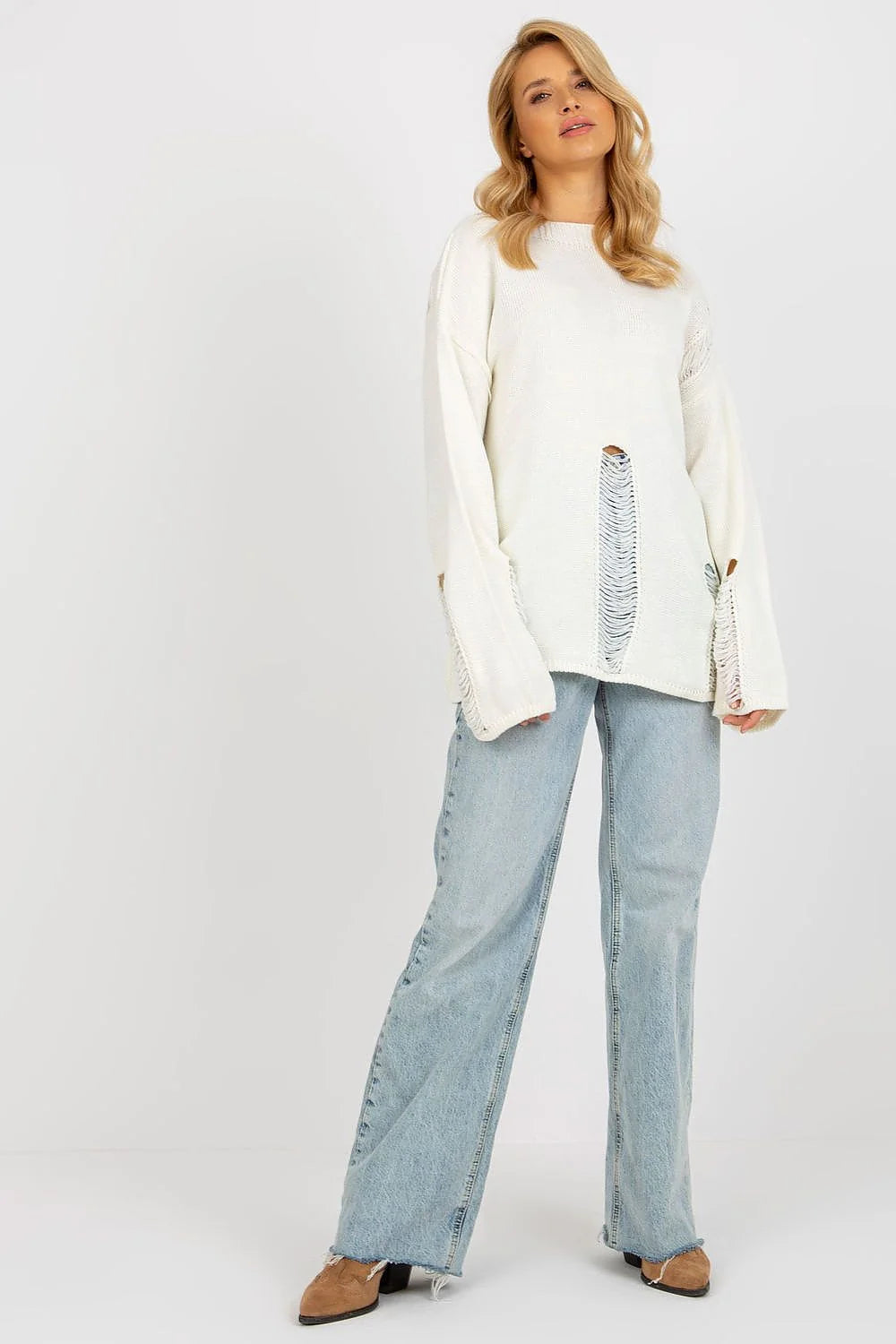 pull décontracté effet déchirure manches longues coton mélange femme casual chic blanc cassé coupe ample encolure bateau
