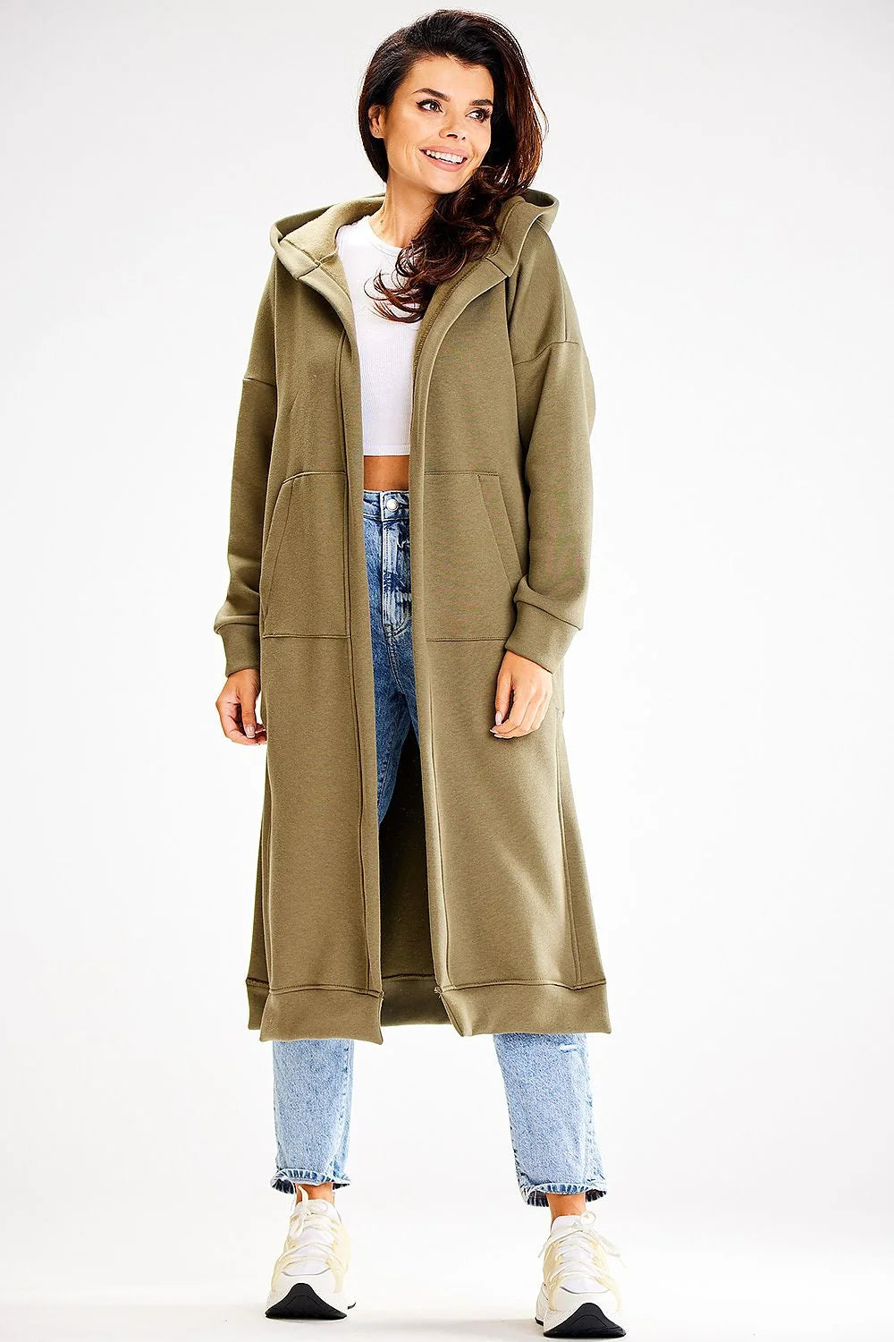 manteau long ample capuche large poches kangourou coton polyester molletonné chaud doux coupe droite manches raglan kaki olive décontracté