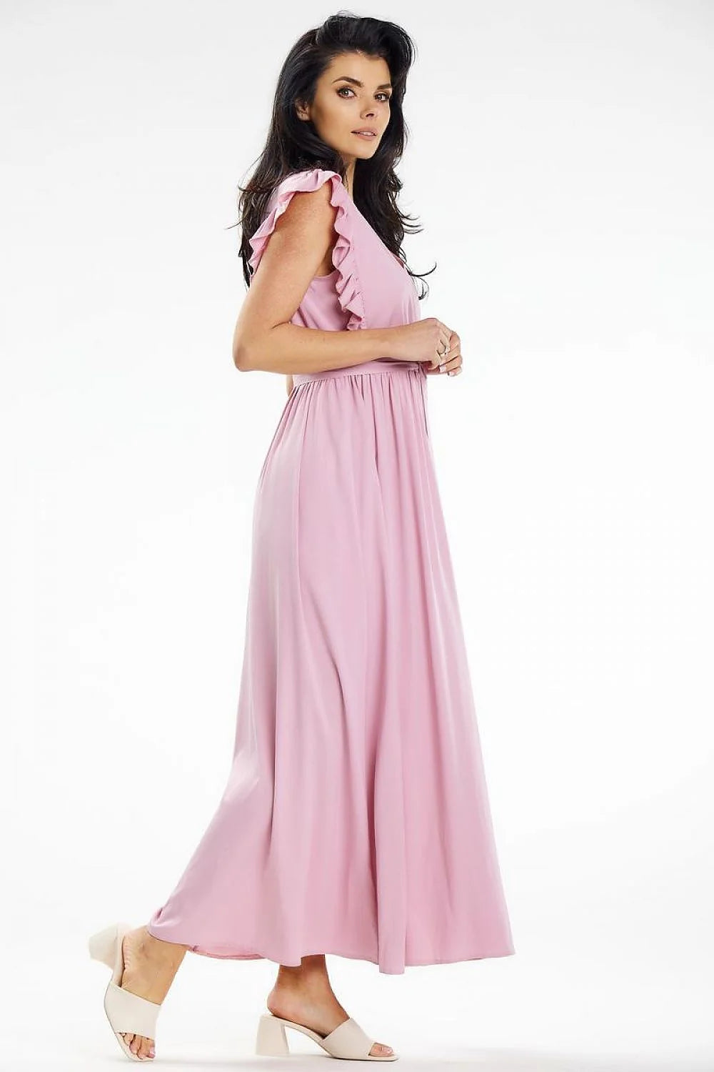 robe maxi longue rose poudré élégante cachecoeur encolure manches volantées ceinture nouée taille cintrée jupe plissée fluide viscose elasthanne