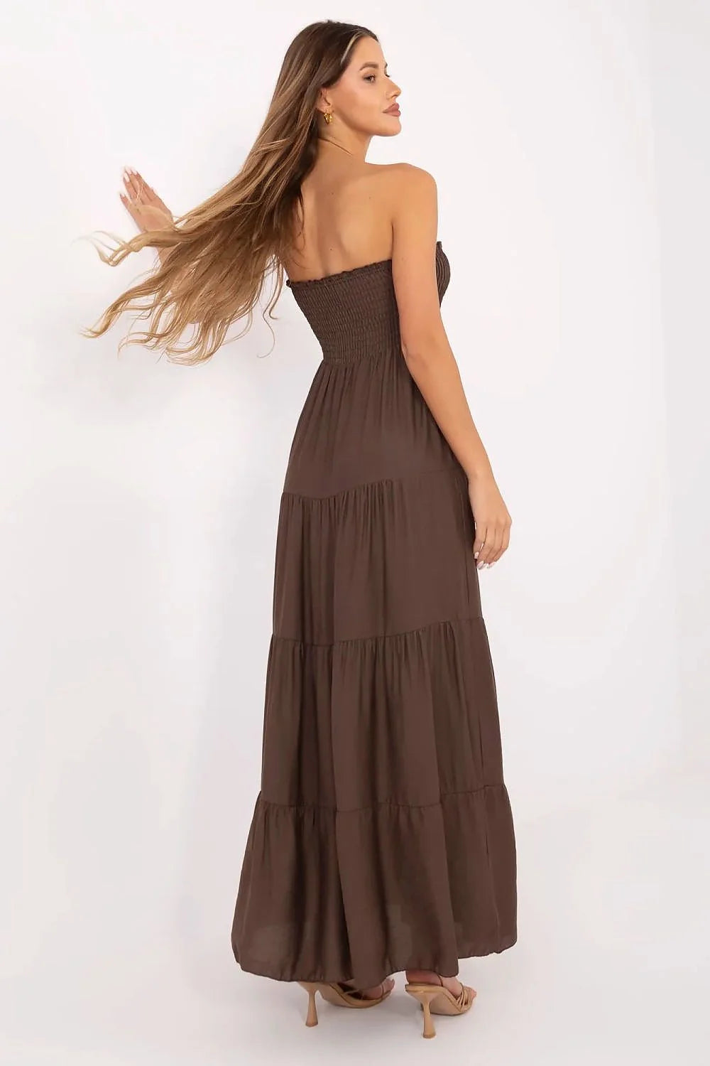 Robe de jour sans bretelles ample évasée smocks viscose lin brun chocolat été féminine élégante