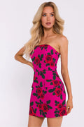 Robe de jour Moe sans bretelles rose vif fleurs roses vertes coupe ajustée corsetée sans doublure fermeture discrète dos occasions élégantes femme