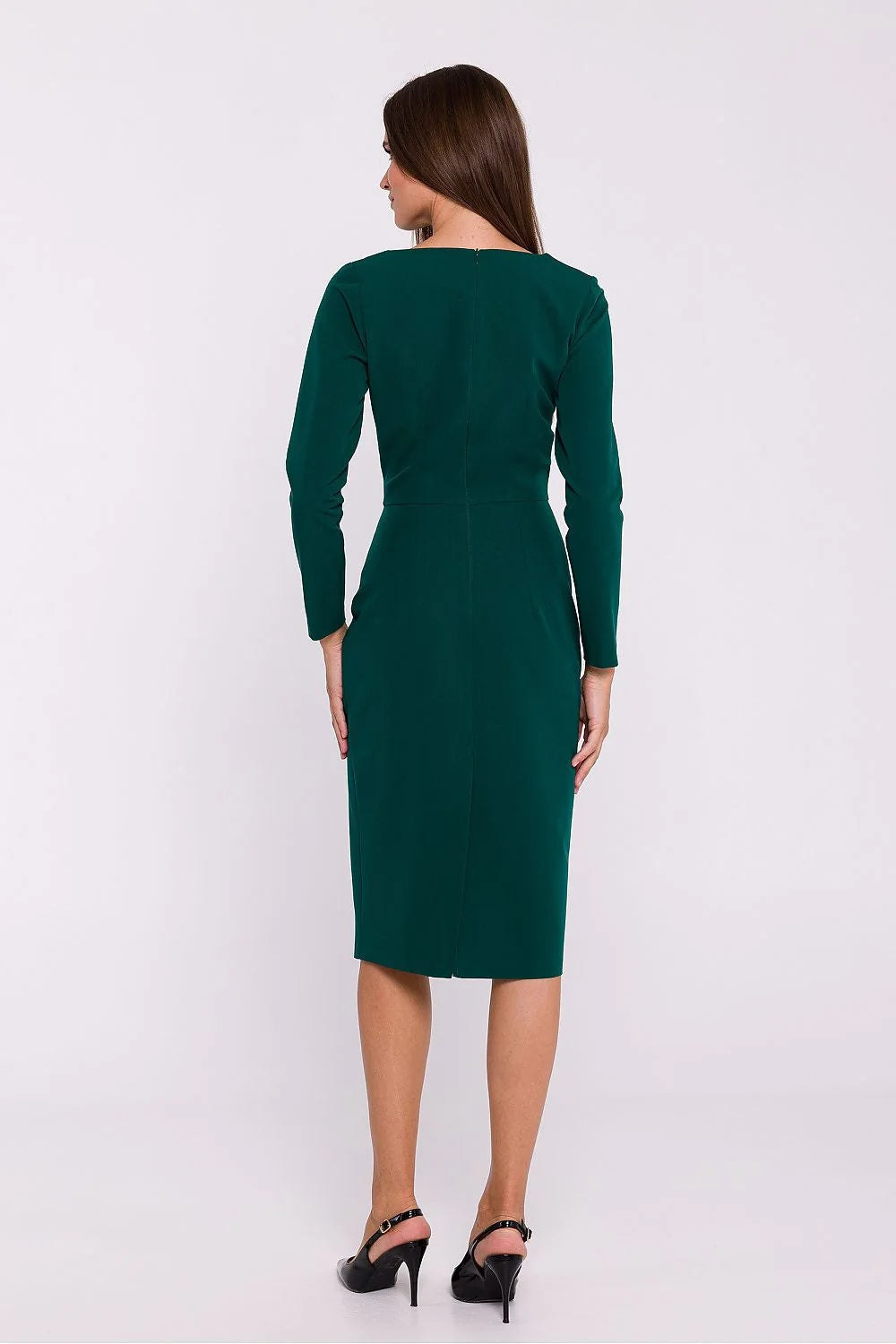 Robe élégante pour femme vert émeraude robe fourreau ajustée manches longues encolure asymétrique dos fendu polyester élasthanne