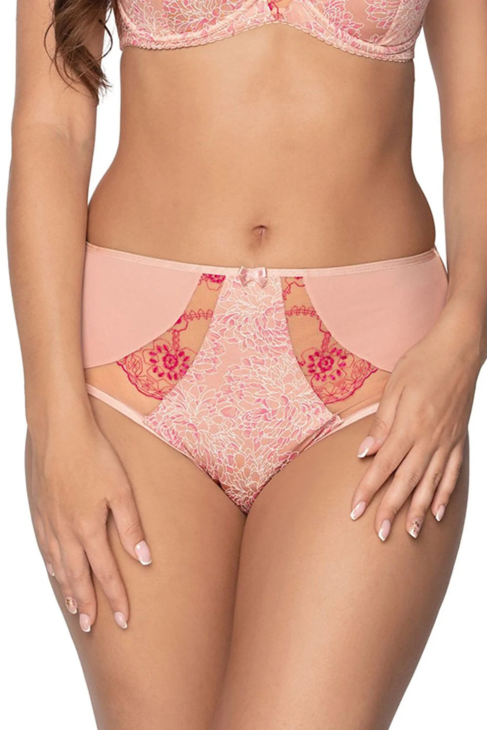 Culottes Gaia féminines élégantes en dentelle rose pâle et fuchsia motifs floraux nœud décoratif taille moyenne confortable