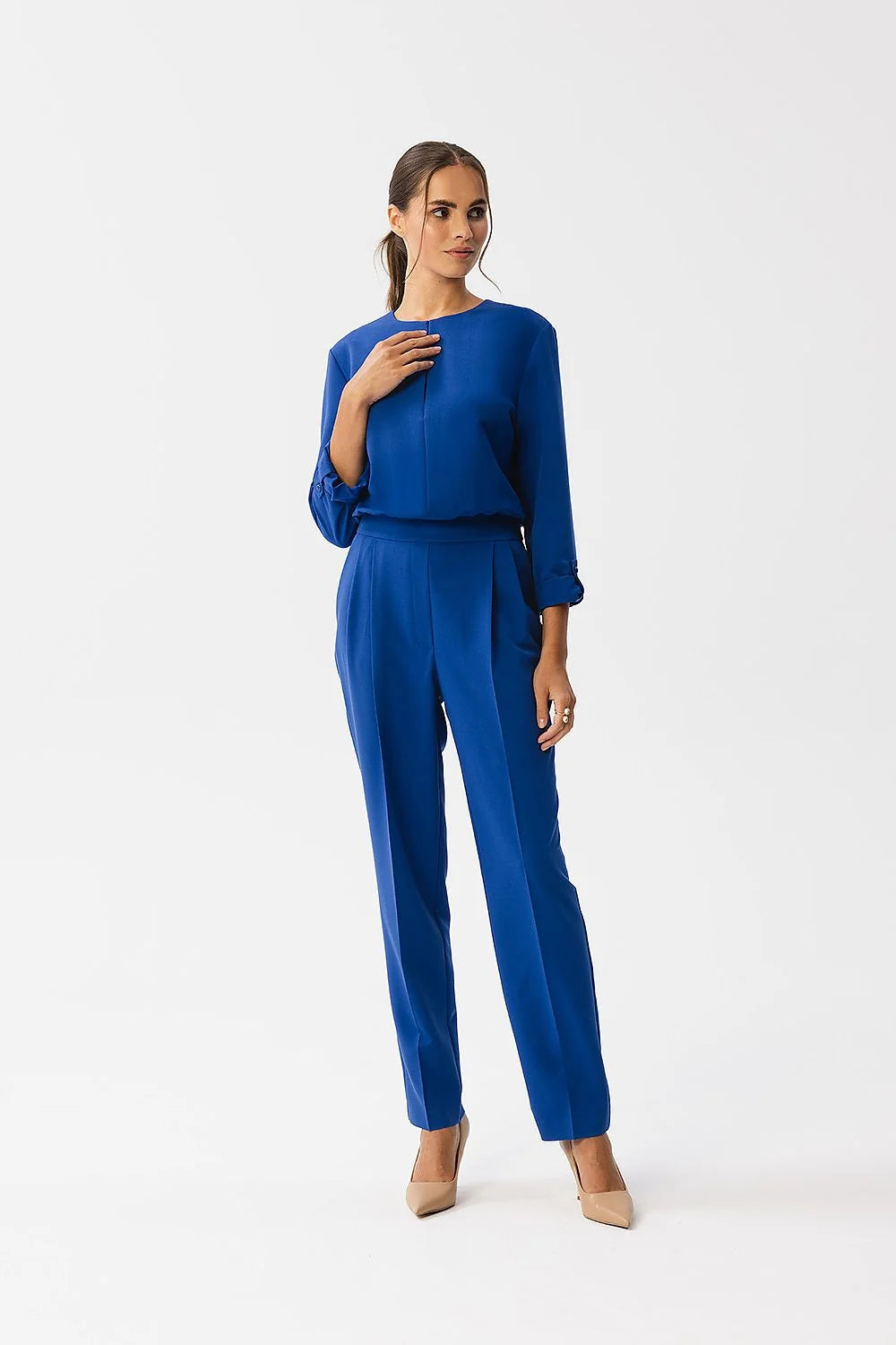 Combinaison élégante pour femmes bleu électrique manches longues poignets boutonnés taille ajustable fermeture dos et glissière