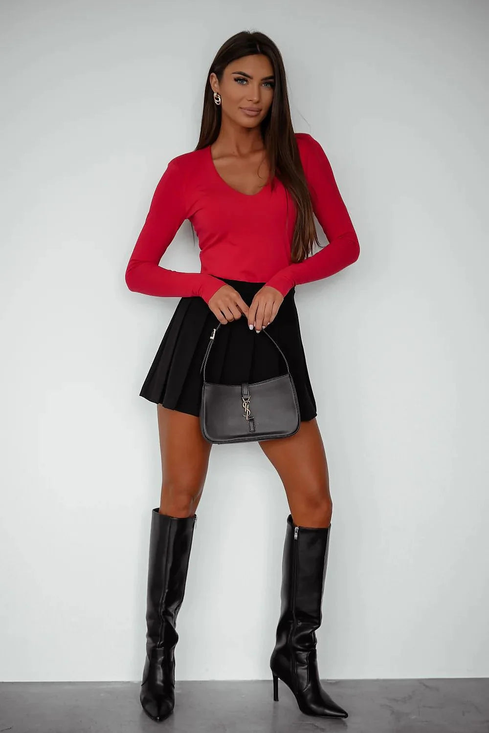 chemisier NOEL rouge col V manches longues coupe ajustée jersey extensible viscose élasthanne confortable élégant sculptant taille marquée