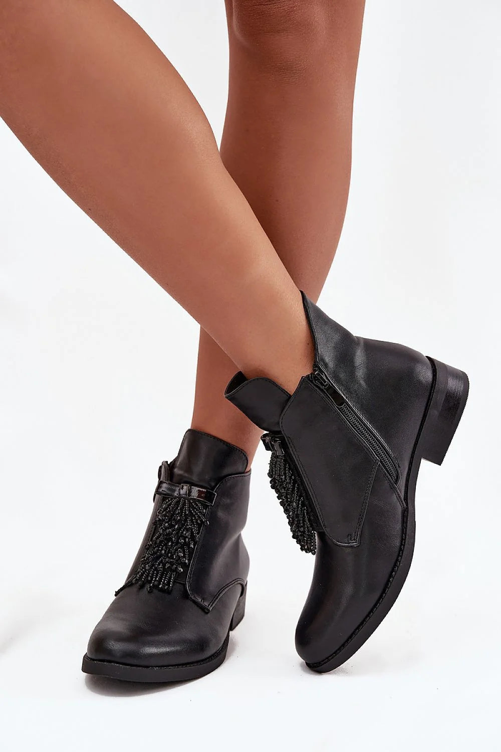 bottines femme sbarski similicuir noires boutarrondi talonbas carré coupecheville bride boucle frangesperles glissiere doublure douce confort durable bohemechic