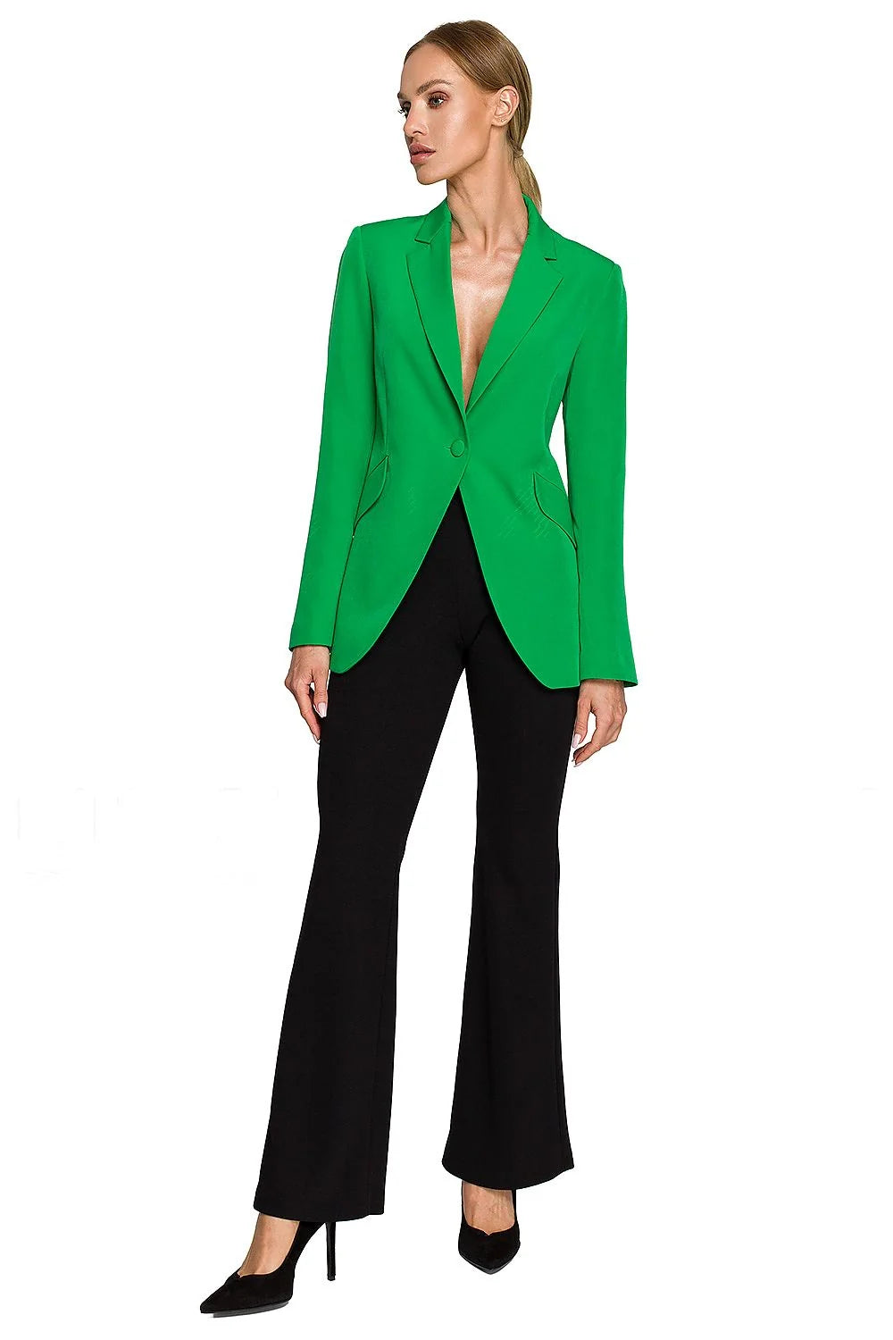 Blazer femme élégant vert éclatant coupe ajustée épaulettes discrètes poches rabat tissu de qualité polyester élasthanne