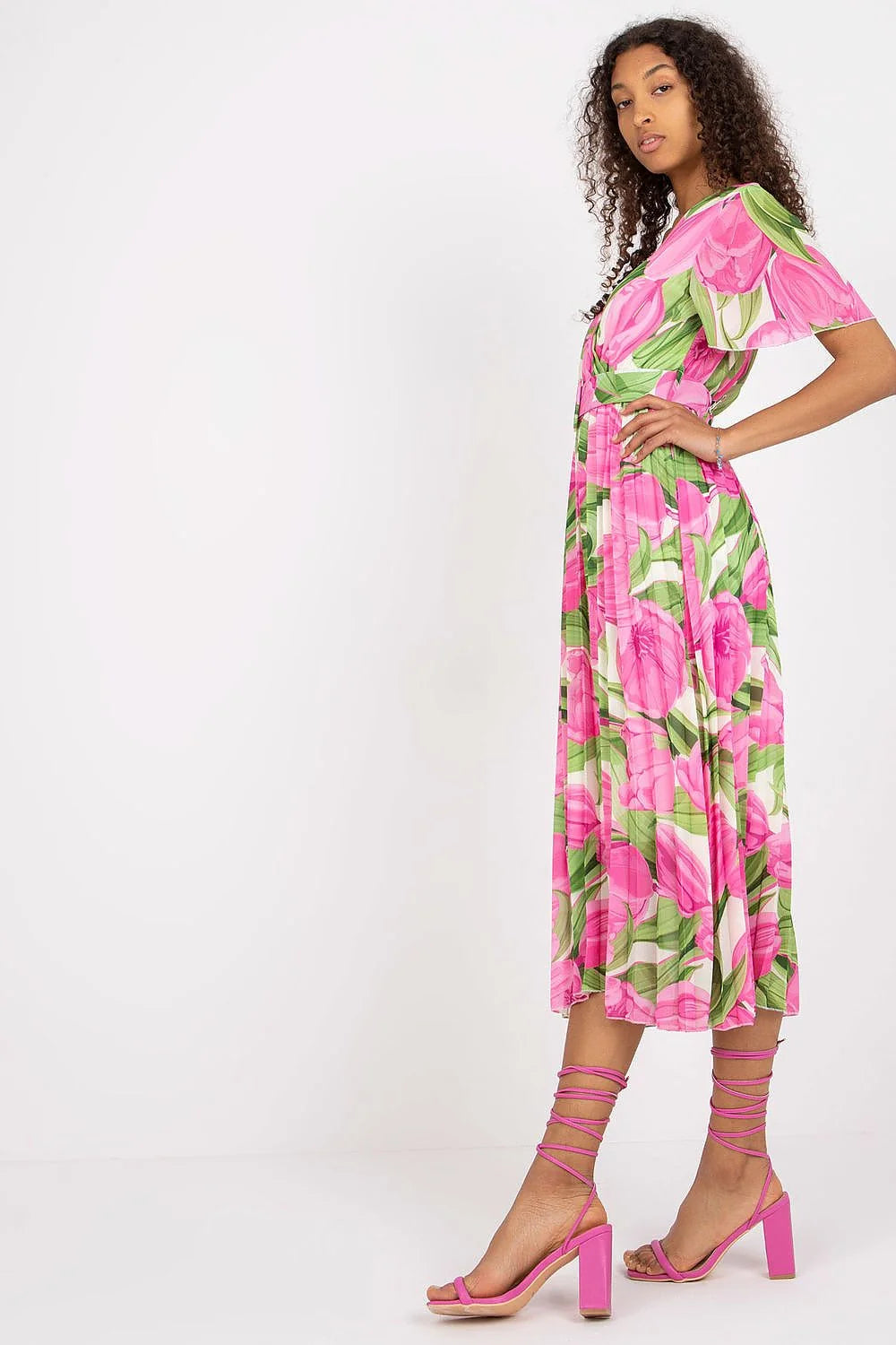 Robe été imprimé floral manches courtes ceinture longue femmes orange vert blanc Italy Moda