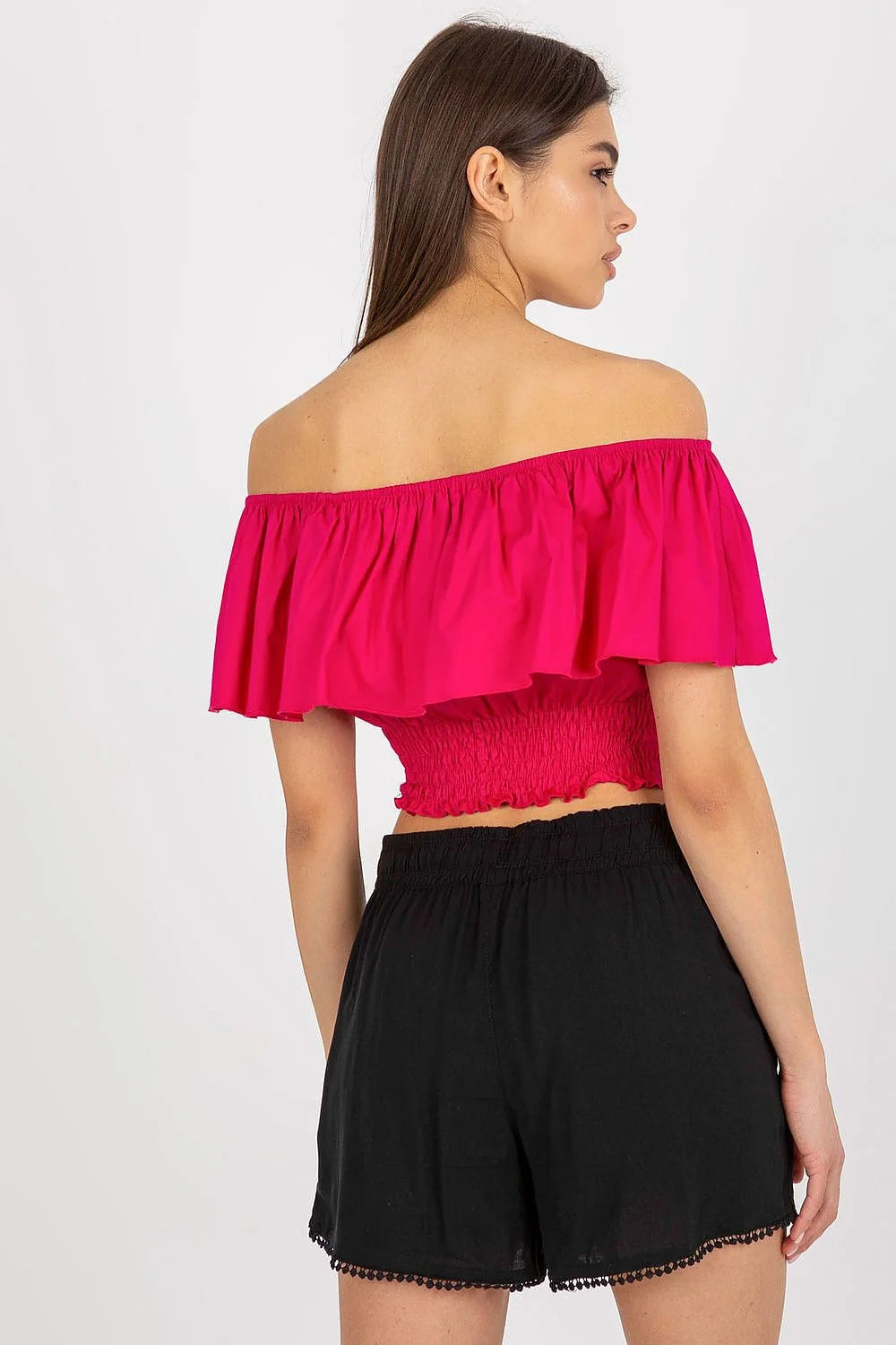 top court cropped bardot fuchsia volant large tombant épaules dénudées taille smockée élastique maintien ajusté tissu coton élasthanne léger estival
