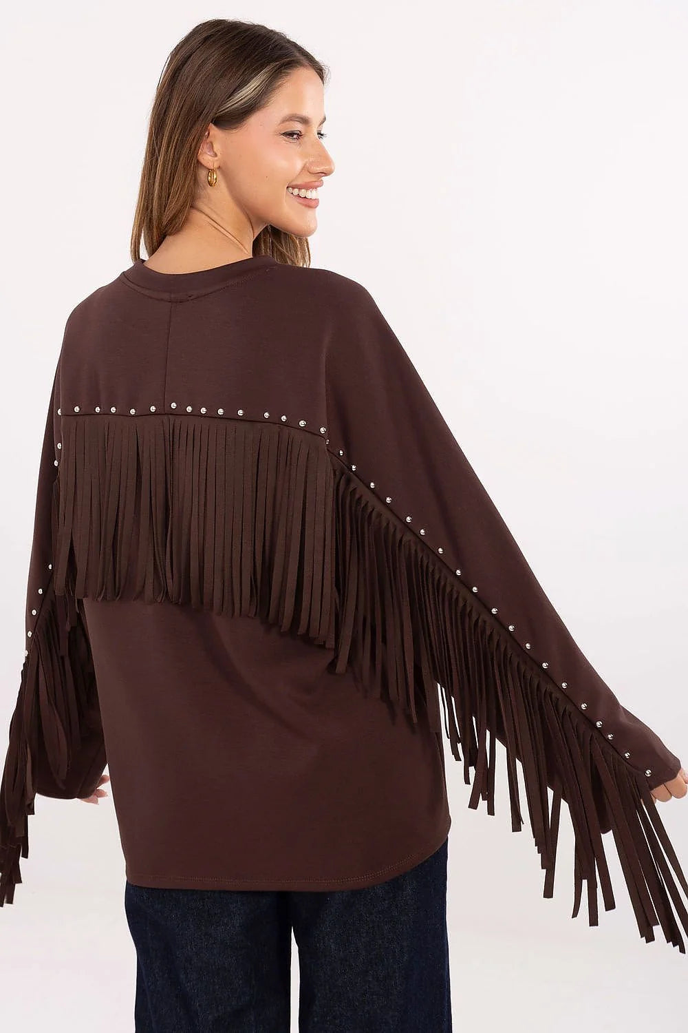 femme oversize pull marron chocolat viscose polyester doux confortable coupe ample col rond manches longues franges suédine rivets argentés bohème