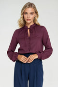 chemise blouse femme viscose légère fluide prune bordeaux cintrée noeud goutte boutonnage central fronces poignets boutons manches longues élégante bureau
