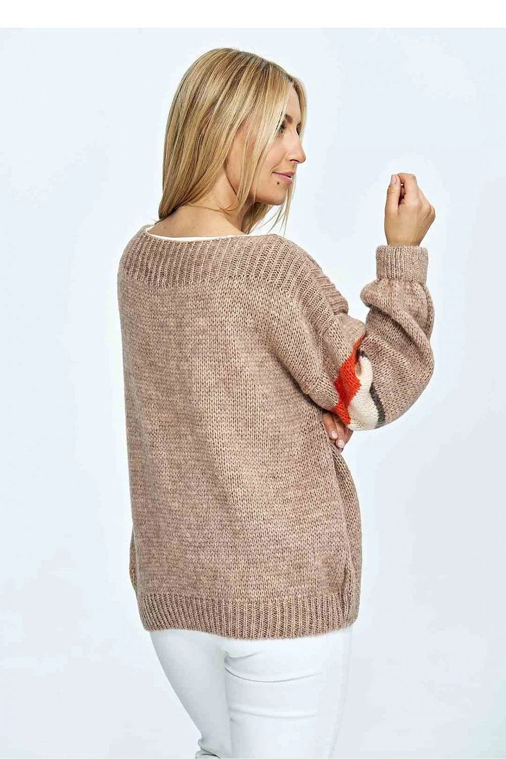 Chandail féminin ample en laine acrylique rayures colorées encolure bateau manches volumineuses coupe oversized pour femme
