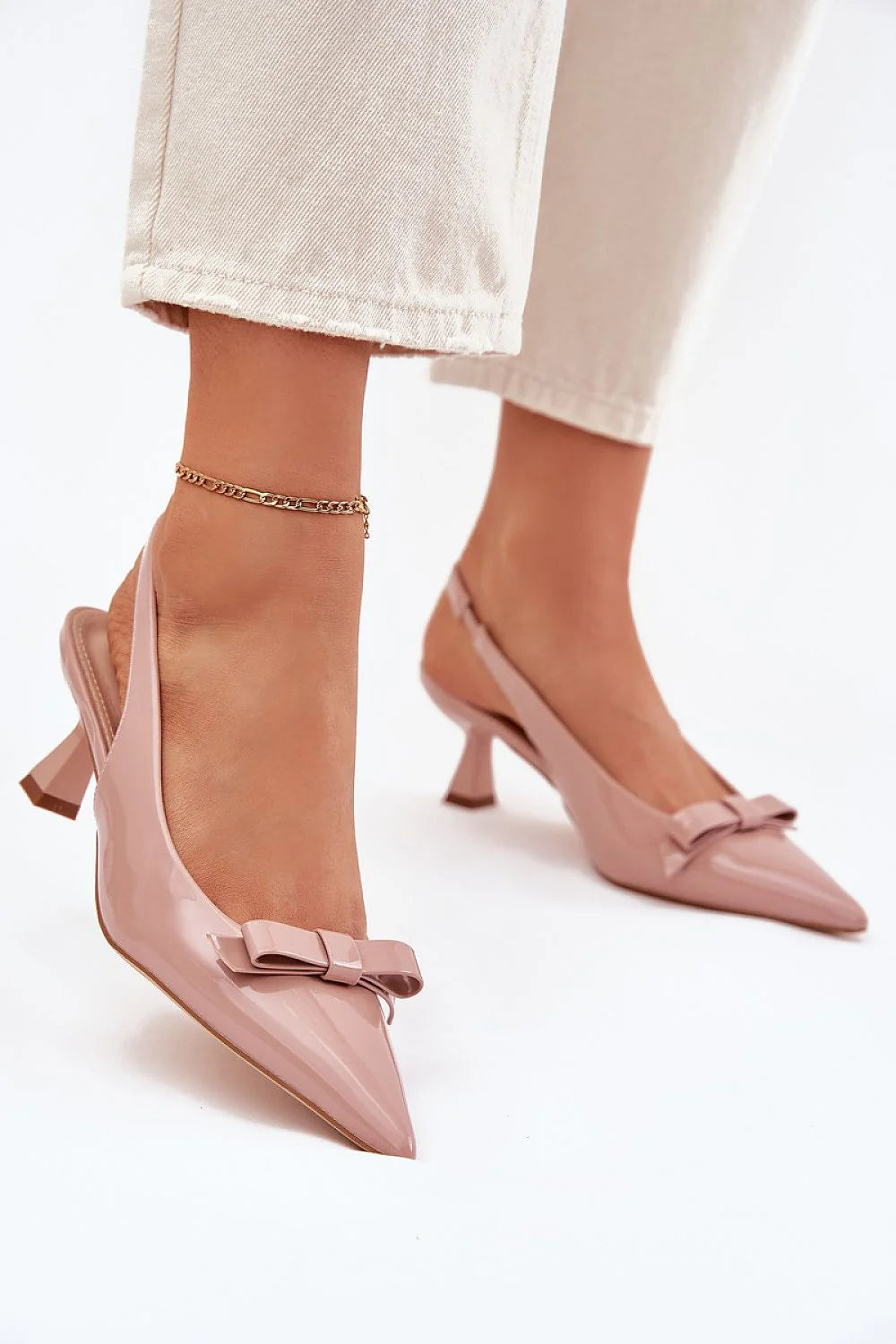 Sandales à talons slingback élégantes femmes design moderne talon bas bout pointu nœud délicat cuir artificiel nude rosé