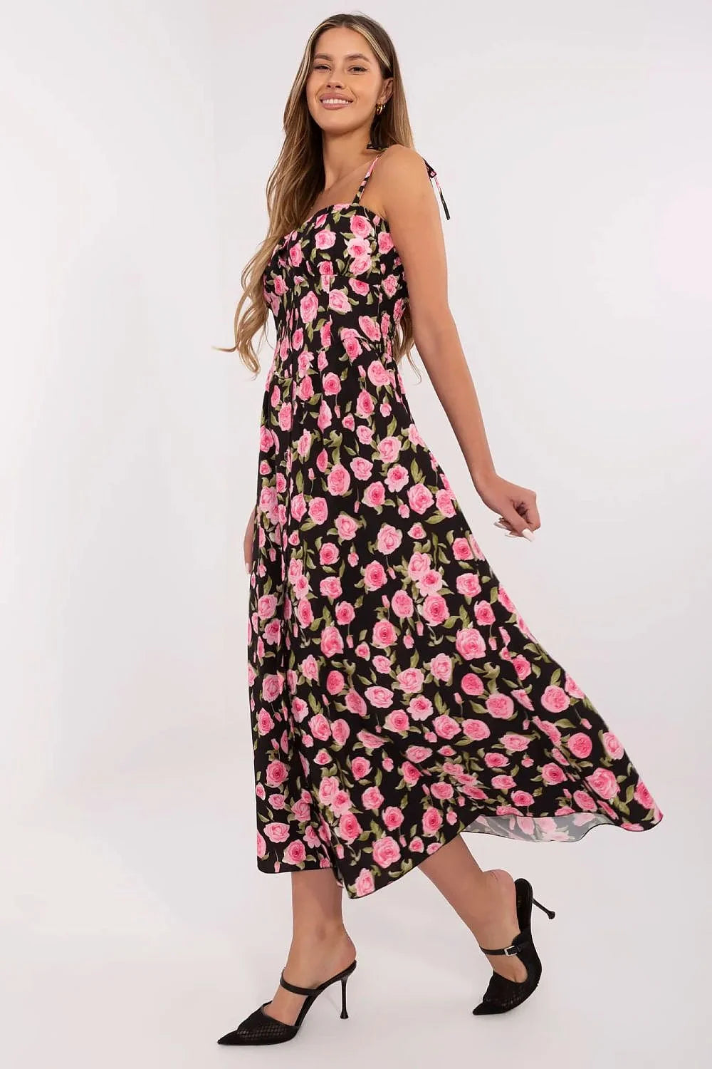 Robe bohème chic floral noir et rose longue manches courtes buste ajusté fente avant femmes