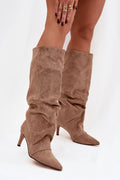 bottes genou suédine taupe bout pointu talon aiguille moyen silhouette effilée tige plissée slouchy doublure peluche chaude élégantes féminines