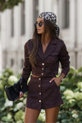 ensemble BLISS Bronze blazer court suédine chocolat tailleur manches longues jupe short taille haute boutons dorés coupe ajustée viscose élasthanne
