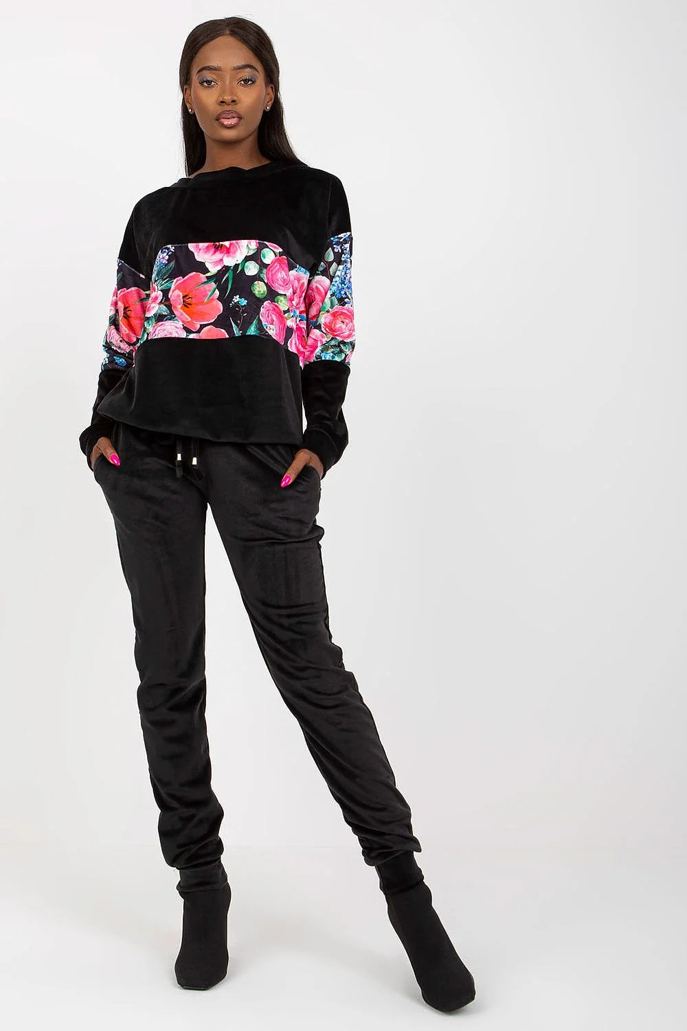 ensemble décontracté femme Rue Paris manches longues motifs floraux multicolores ivoire pantalon ajusté coupe relaxed col rond