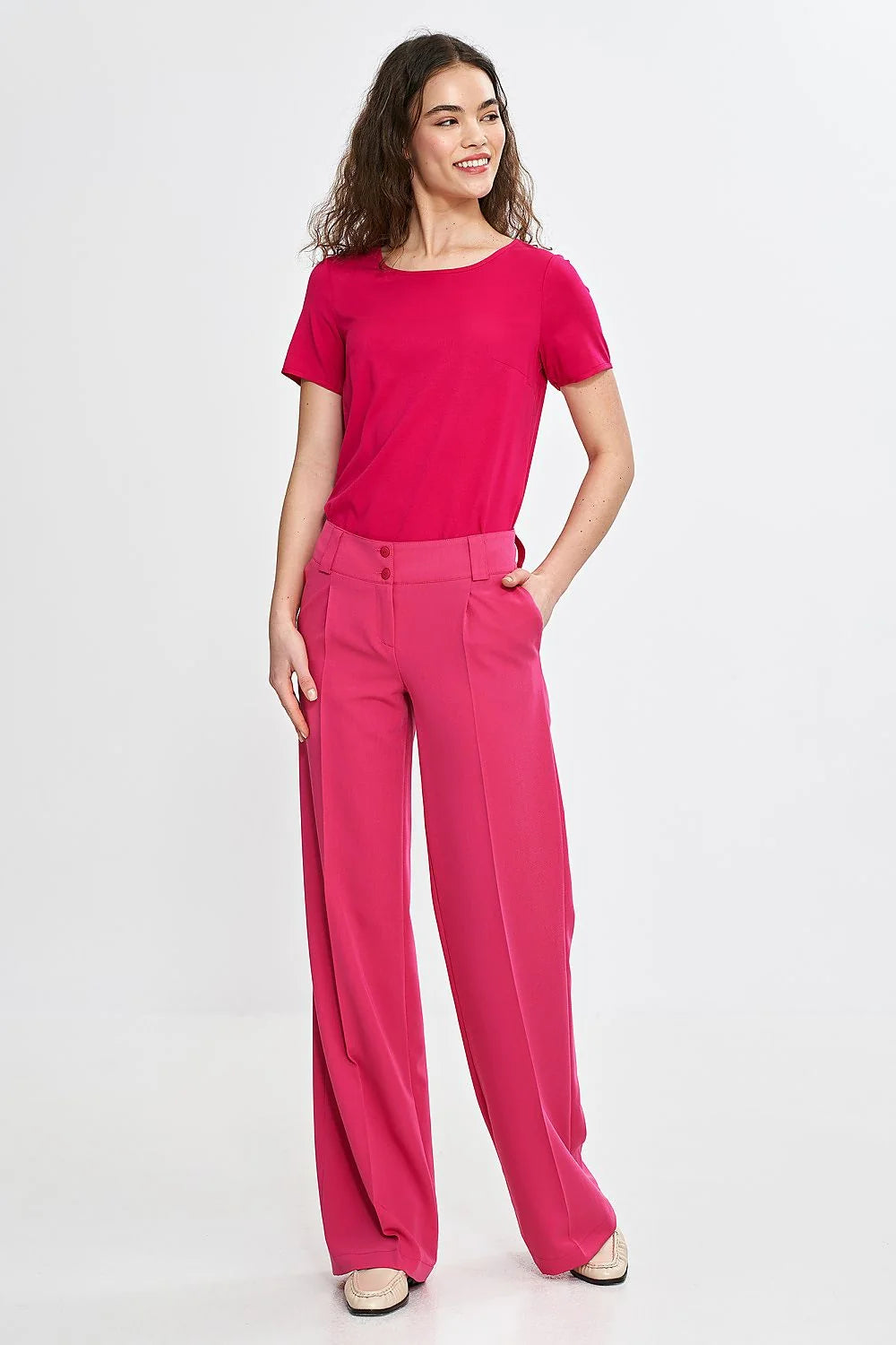 Pantalon long Nife ample style palazzo rose vif taille haute ceinture large boutons décoratifs femme élégance moderne