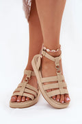 Sandales femmes style estival décontracté cuir suédé beige semelle épaisse doré coquillages occasion détente