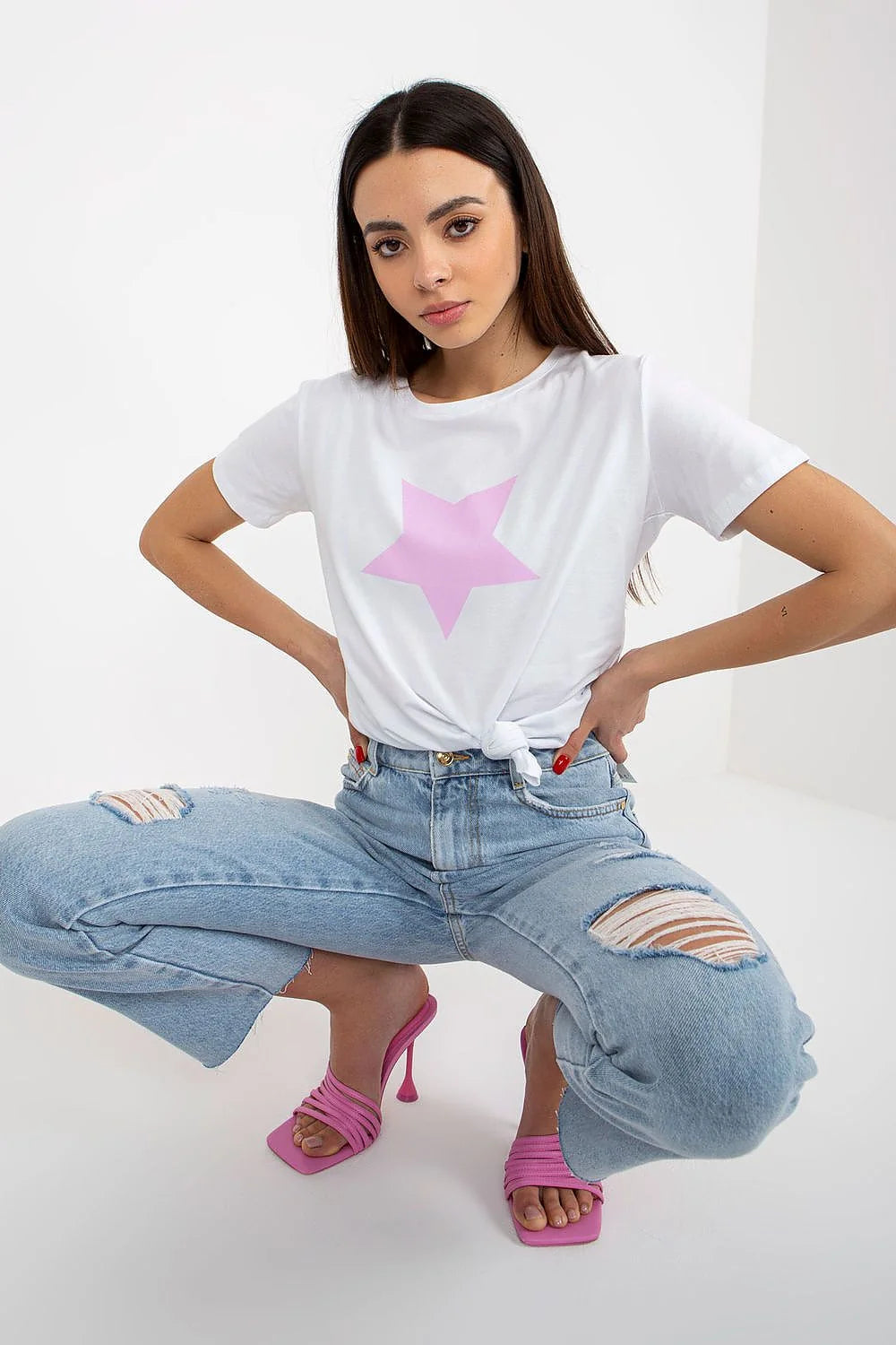 T-shirt pour femme moderne à manches courtes en coton élasthanne motif étoile rose ajusté versatile