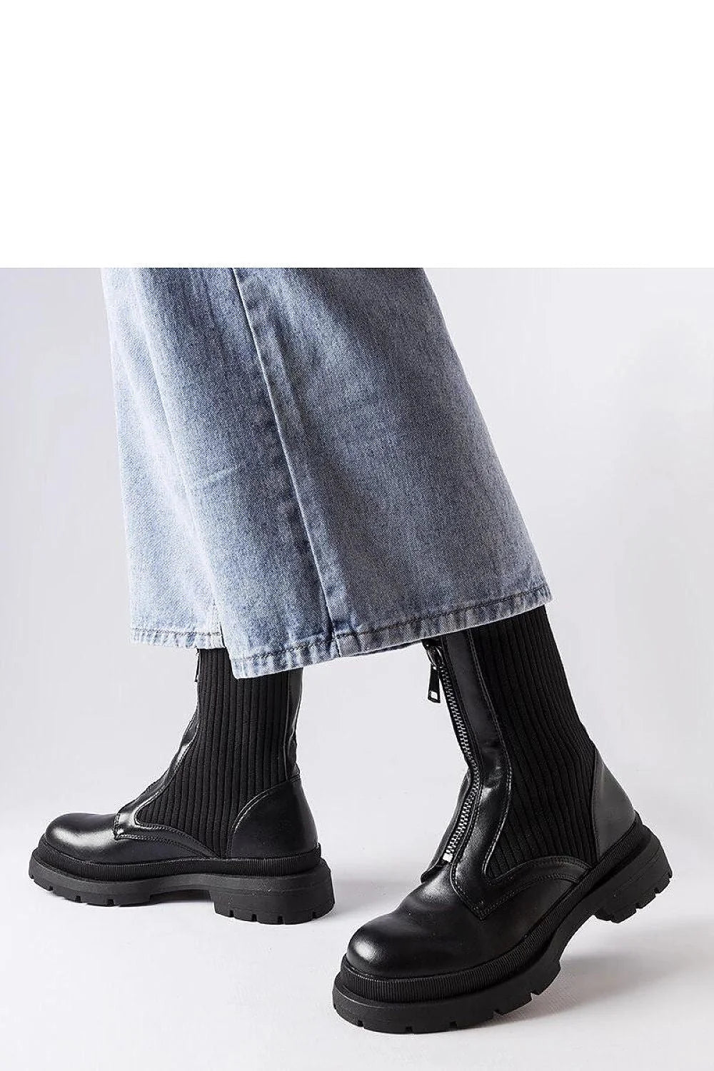 Bottines élégantes en cuir noir stretch talon bas semelle épaisse zipper femmes mode urbaine