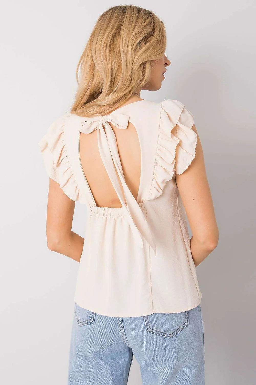 Chemisier Och Bella manches courtes volants encolure ronde dos fendu polyester 100% rose pâle femmes occasionnels