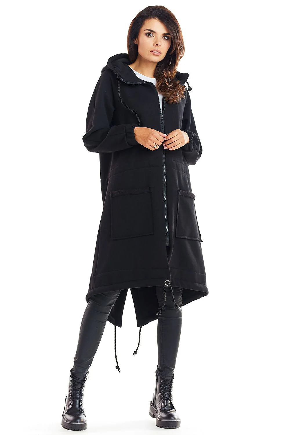 Manteau long ample beige coton style décontracté moderne avec capuche pour femme élégante et confortable