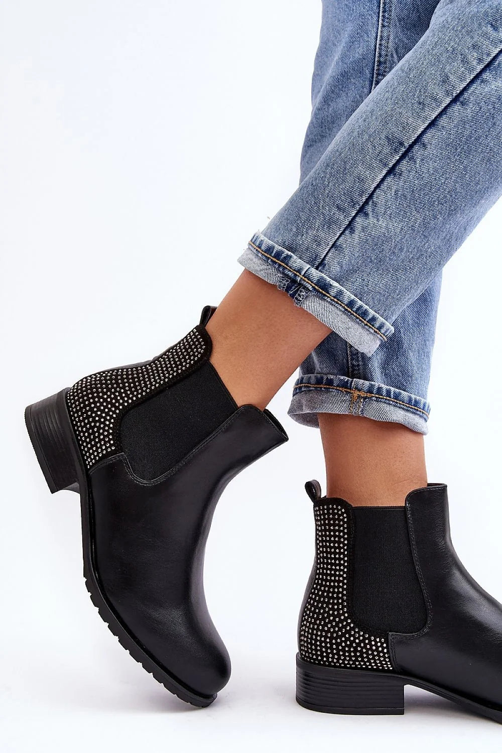 Bottines femmes style Chelsea tige basse cuir artificiel élastique clous métalliques comfort talon renforcé bottes cheville noires