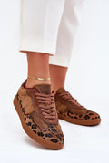 Chaussures de sport pour femmes design distinctif cuir suédé motif léopard brun terreux urban chic confortable