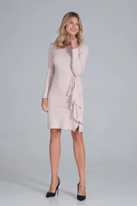 Robe élégante tissu uni drapé chic manches longues couleur rose pâle soirée femmes
