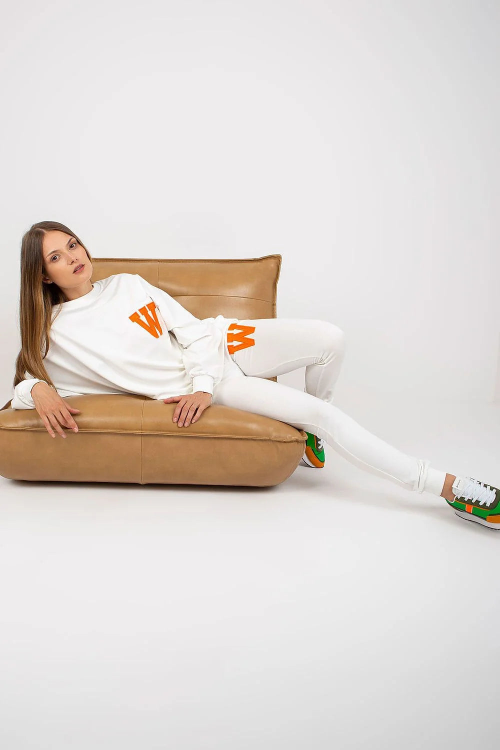 ensemble sportswear femme jaune canari oversize sweat manches longues legging slim taille élastique coton élasthanne molleton poches appliqué W orange