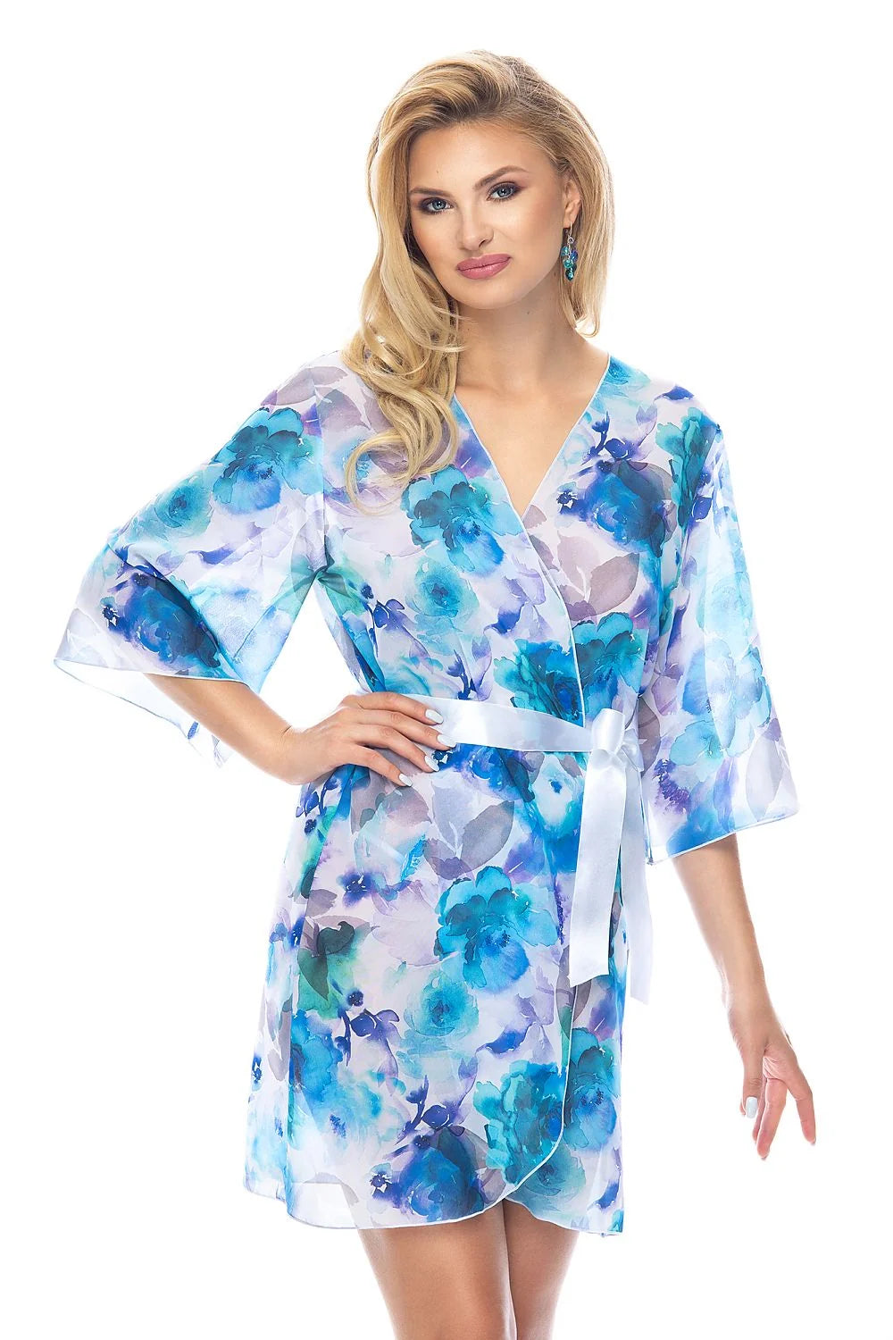 Peignoir Irall en mousseline de soie motif floral violet bleu vert - Style kimono élégant pour femme
