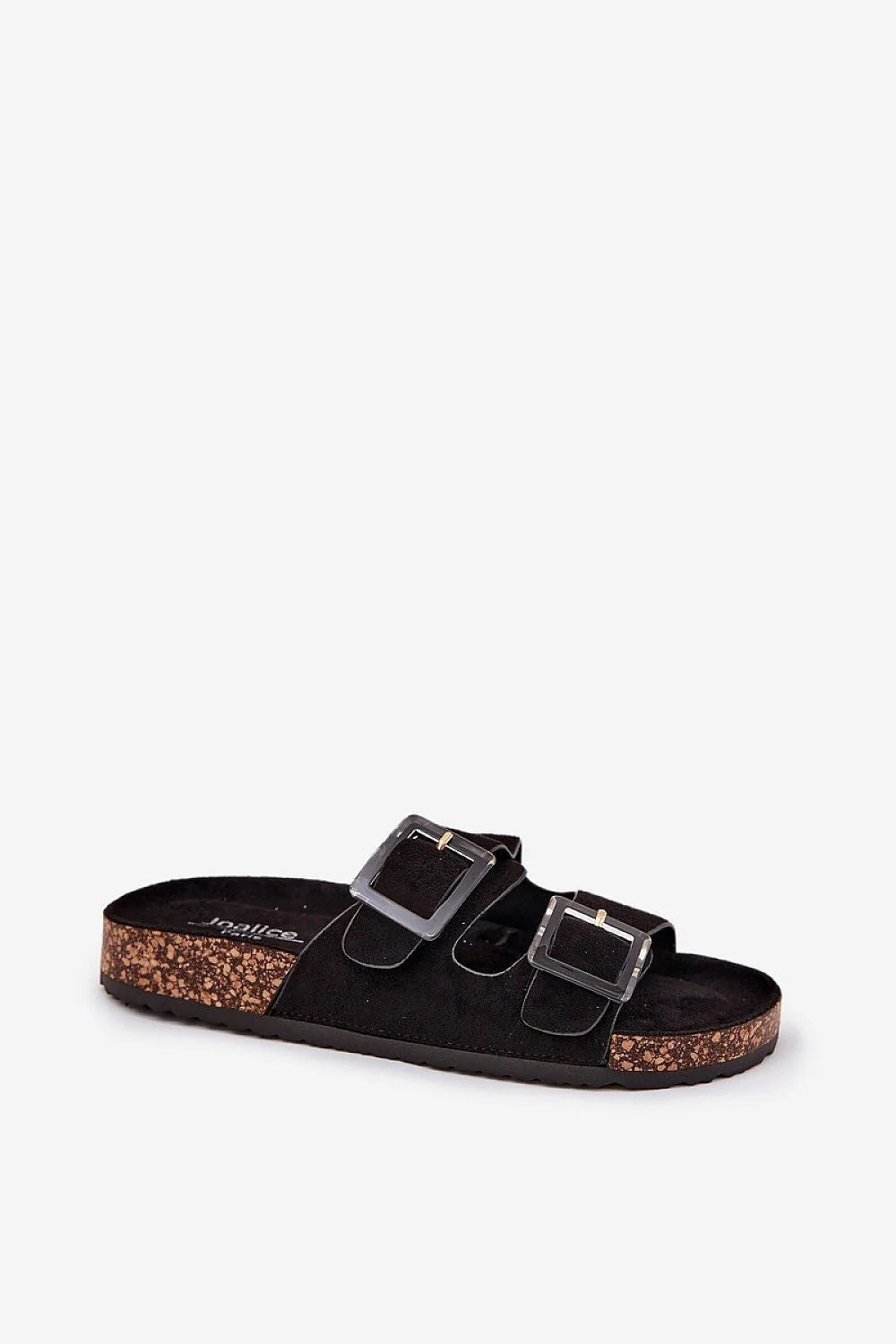 Sandales féminines modernes à deux brides larges boucles métal noire cuir suédé écologique semelle liège caoutchouc adhérence style casual chic usage quotidien
