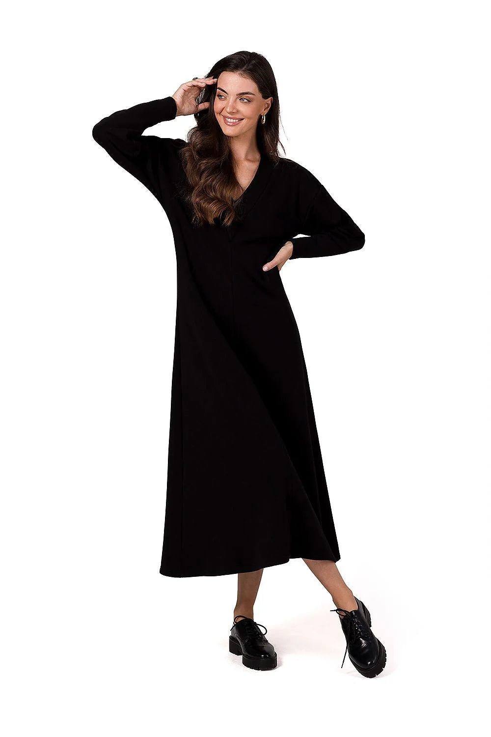 Robe de jour Be Wear longue maille manches longues col V noir femmes mode élégance intemporelle