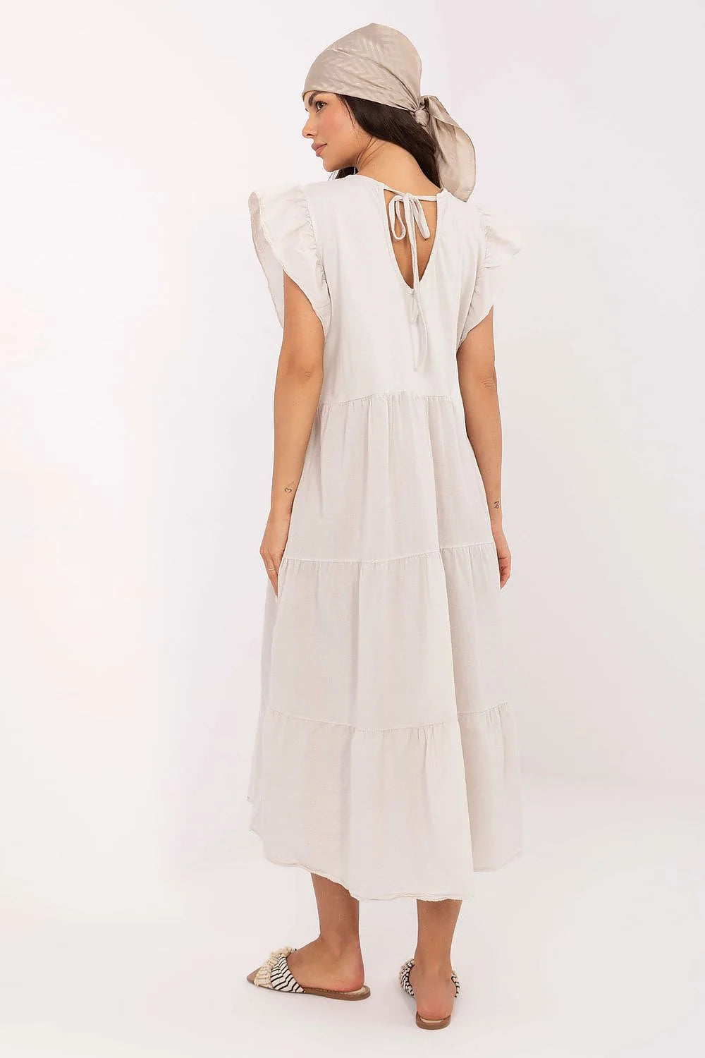 Robe longue Och Bella pour femme, robe ample en coton, style romantique, couleur ivoire, manches courtes à volants, lacing dos, été, occasion décontractée