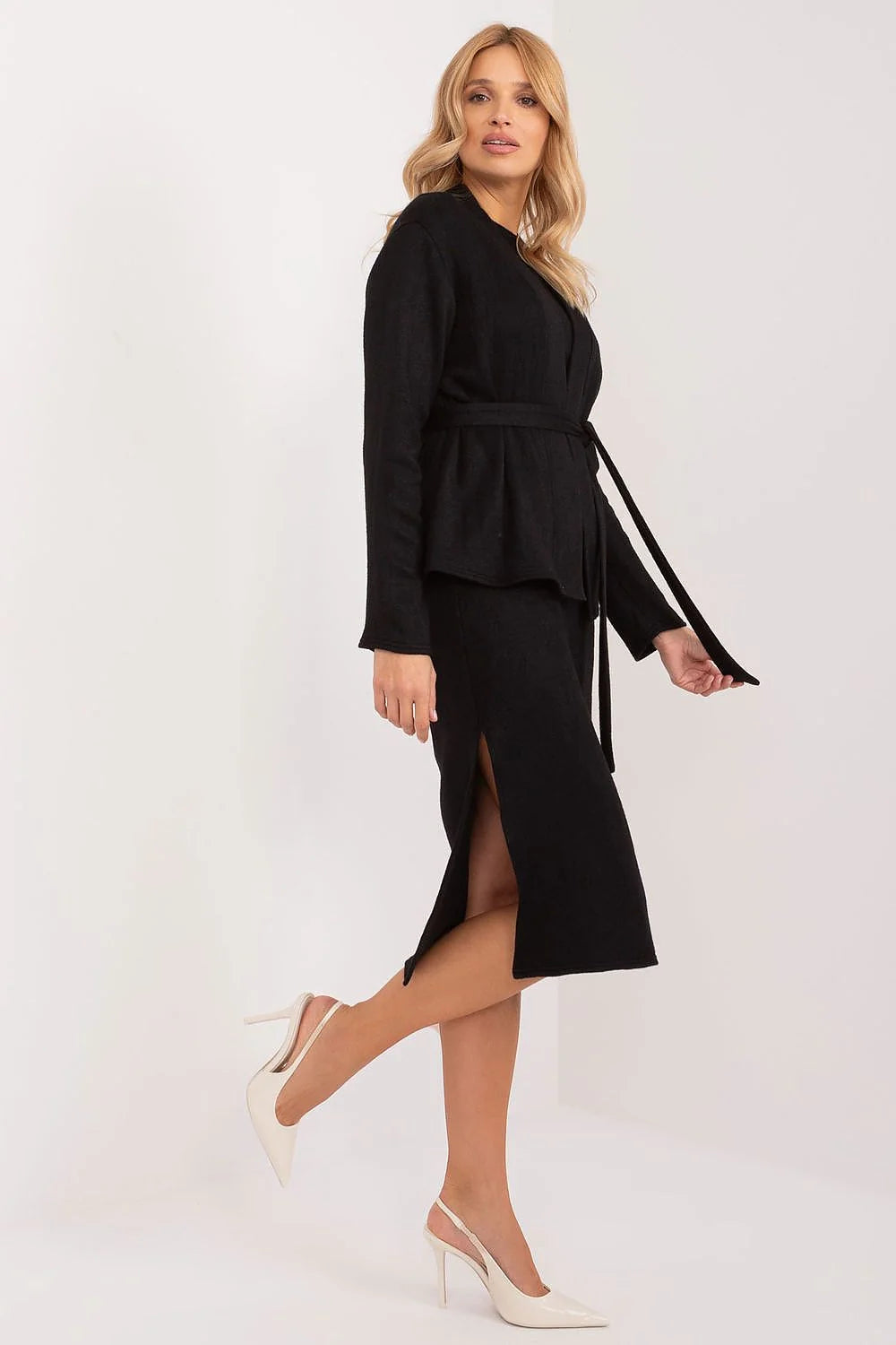 Ensemble Lakerta pour femme élégant et moderne en angora noir manches longues ceinture ajustable robe asymétrique jupe mi-longue occasion professionnelle ou soirée