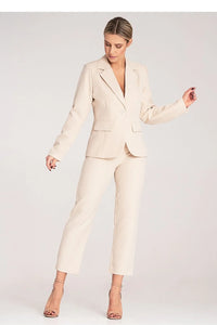 tailleur pantalon femme élégant beige clair cintré blazer taille haute polyester elasthanne stretch léger coupe ajustée poches plaquées col cranté