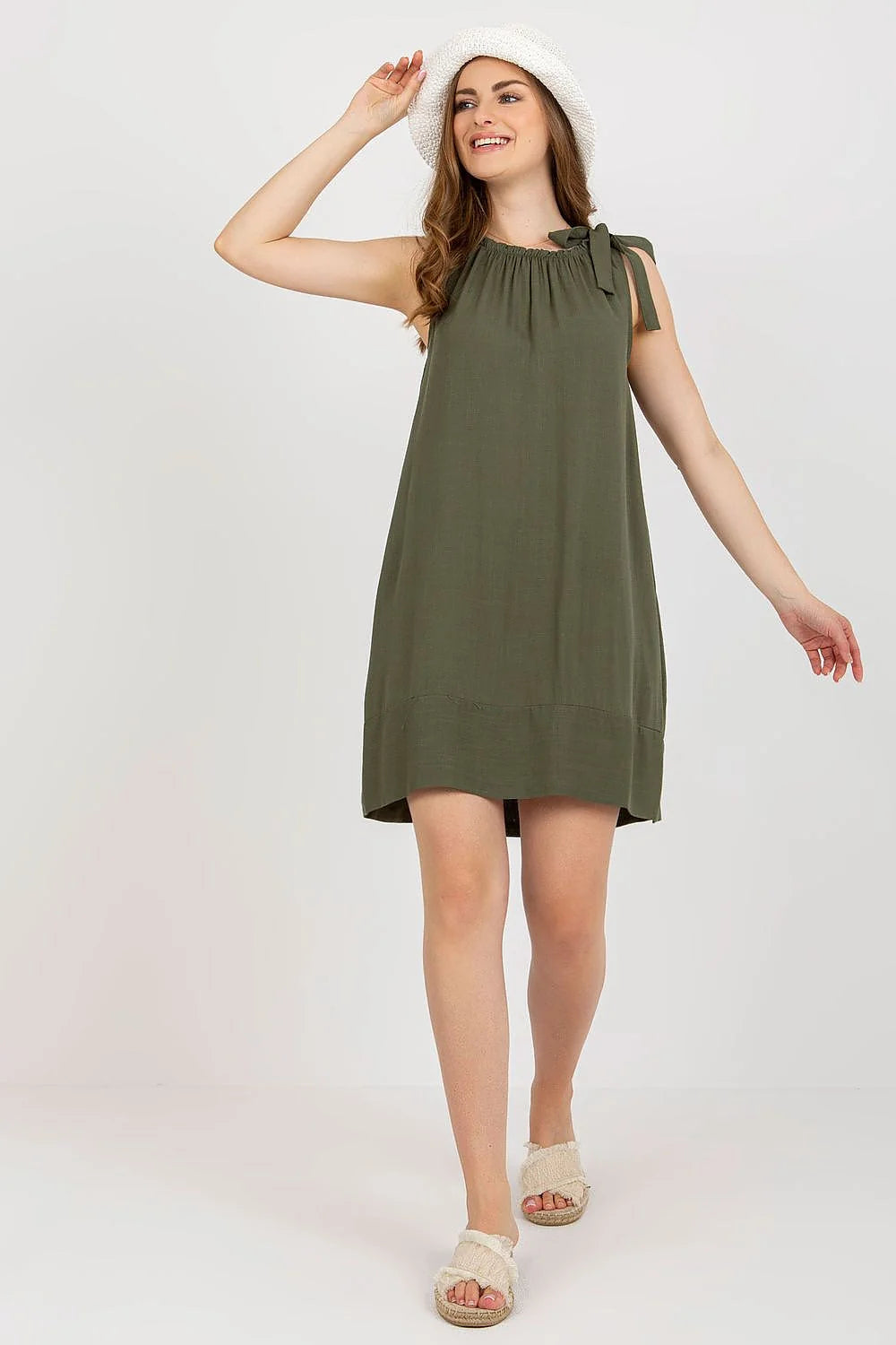 Robe de jour Och Bella style décontracté estival sans manches tissu fluide couleur vert kaki occasion polyvalente femmes
