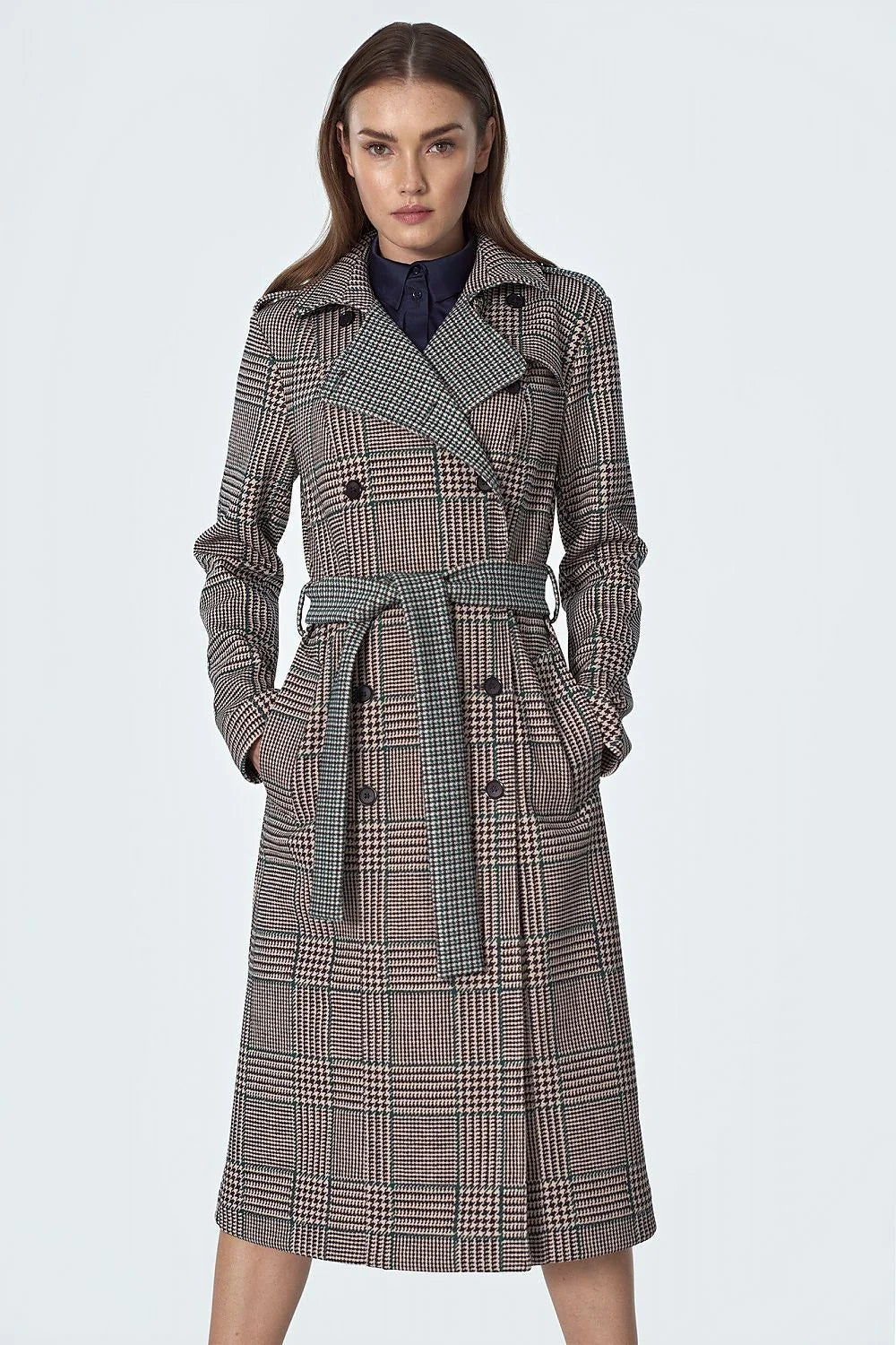 Manteau long carreaux Prince de Galles en polyester spandex élégant chic hiver pour femmes 2020