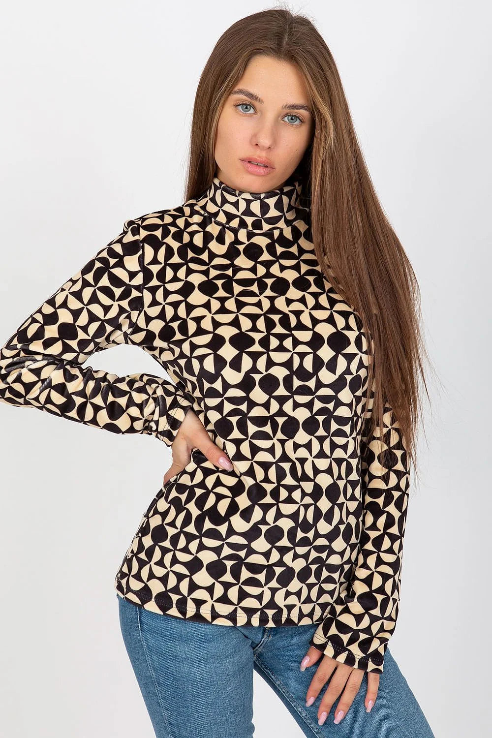 chemisier Rue Paris velours zébré noir beige manches longues col montant coupe ajusté stretch doux confortable