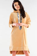 Robe décontractée en velours doux camel avec capuche intégrée, manches longues, style moderne féminin