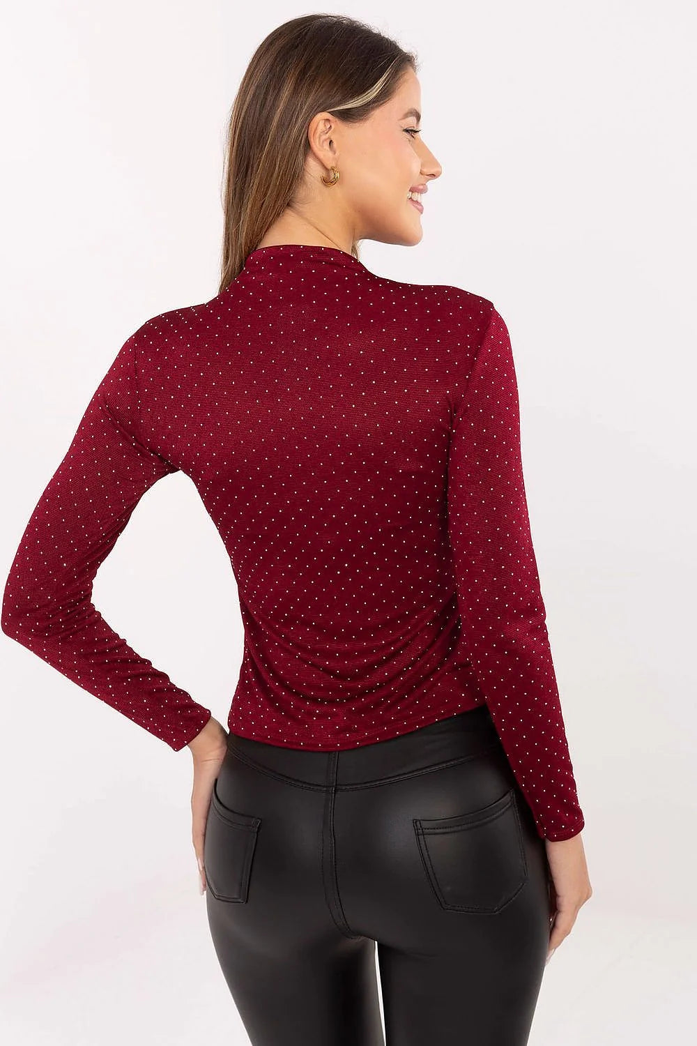 chemisier femme col roulé manches longues coupe slim maille stretch bordeaux brillante micropois argentés sans fermeture longueur hanche ajustée élégante