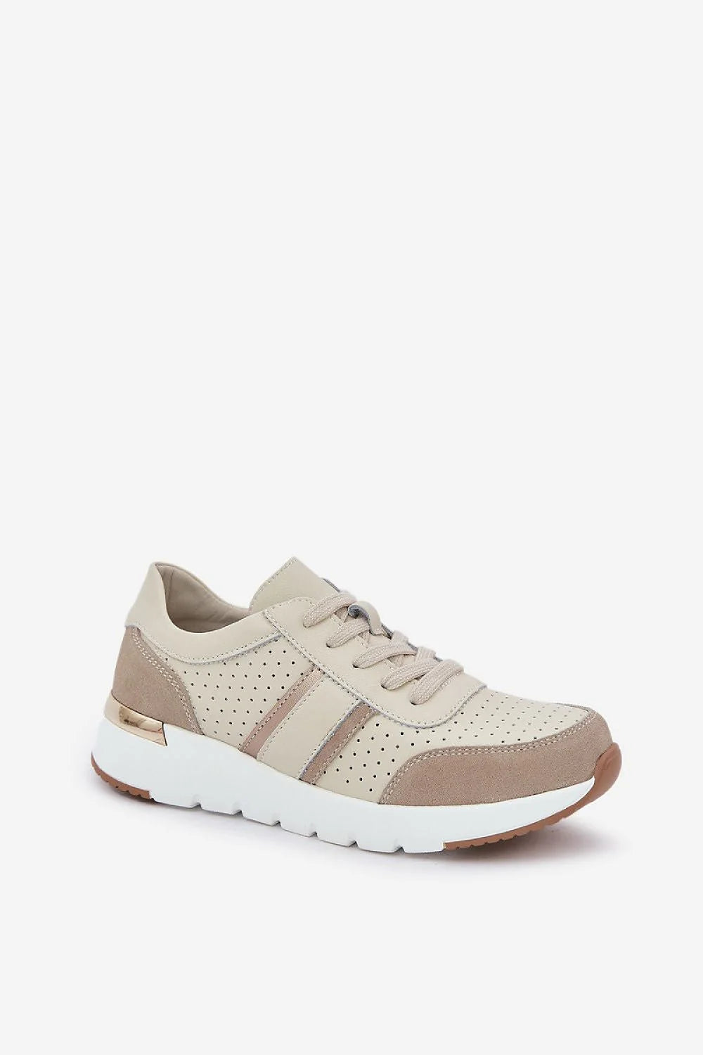 Chaussures de sport modernes pour femmes en cuir synthétique beige, design épuré, confortable, lacets assortis, semelle caoutchouc