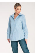 chemise femme classique rayures verticales bleu ciel manches longues col structuré tissu léger polyester élasthanne coupe ample poignets boutonnés