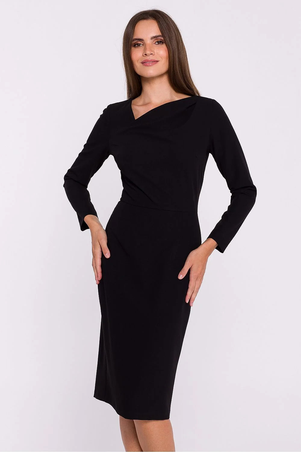Robe de jour élégante pour femme en polyester-élasthanne noir asymétrique manches longues encolure croisée taille ajustée