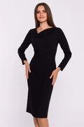 Robe de jour élégante pour femme en polyester-élasthanne noir asymétrique manches longues encolure croisée taille ajustée