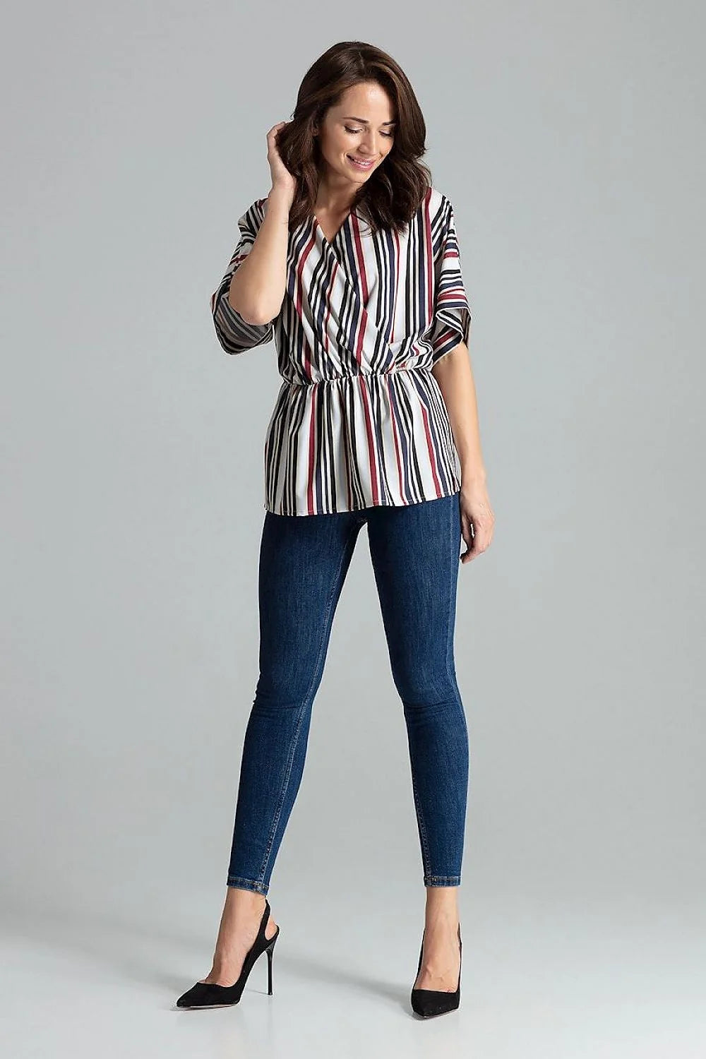 chemisier ample beige Lenitif manches kimono col V cachecoeur élégant tendance femme moderne fluide taille élastique fronces crêpe casualchic blousant