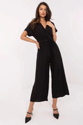 Combinaison Italy Moda élégante confortable manches courtes encolure V ceinture ajustable viscose nylon noire femmes polyvalente occasion