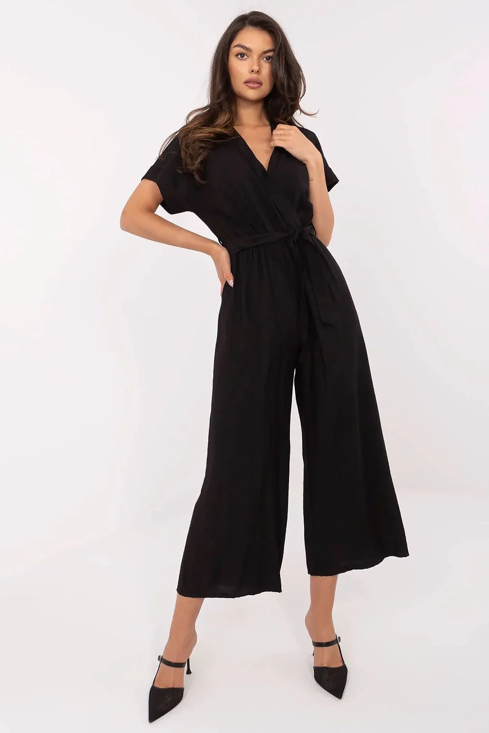 Combinaison Italy Moda élégante confortable manches courtes encolure V ceinture ajustable viscose nylon noire femmes polyvalente occasion